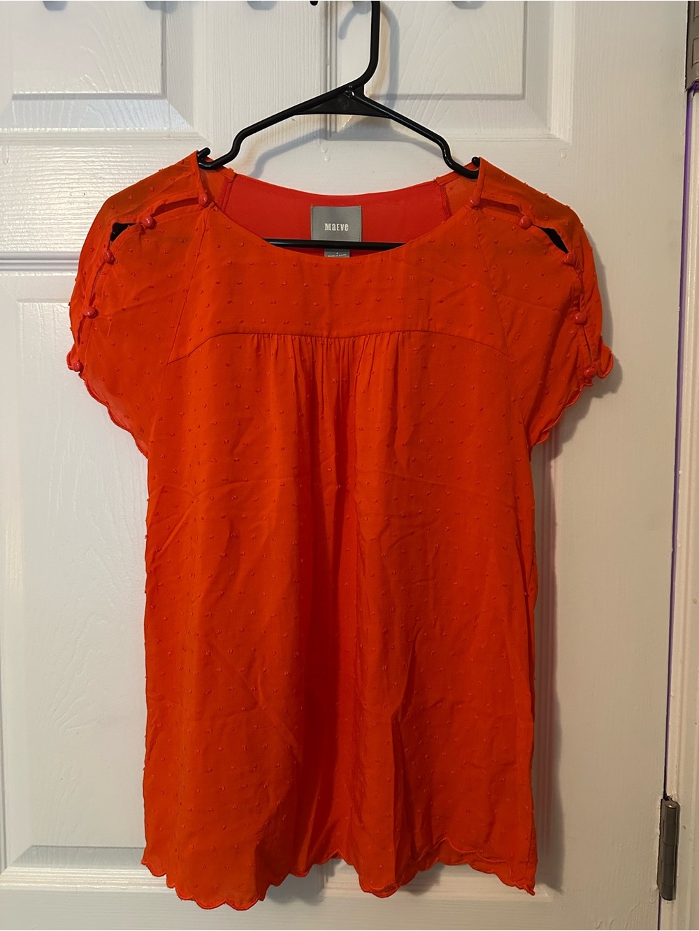 Maeve Bright Orange Swiss Dot Button-Shoulder Blouse